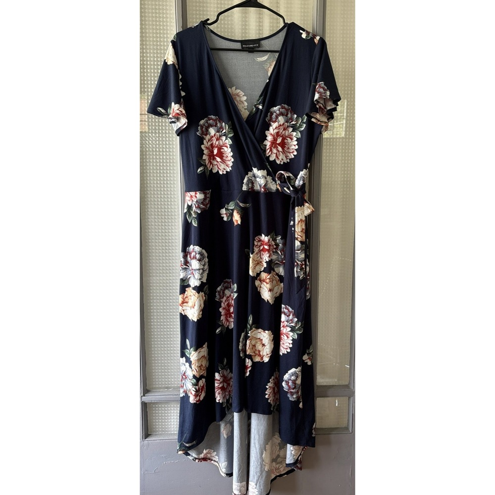Fortune + Ivy Navy Blue Floral Faux Wrap High Low Dress XXL Short Flutter Sleeve